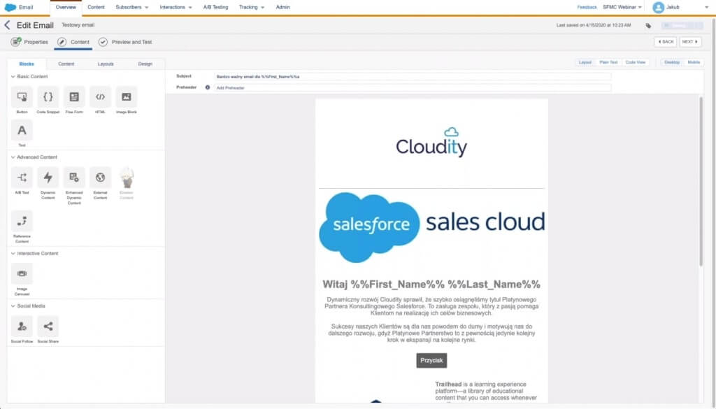 Screenshot from marketing automation tool - Salesforce Marketing Cloud, which shows a dashboard for creating emails